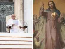 Pope Francis speaks at the general audience in St. Peter's Square on May 22, 2024. An altar painting of the Sacred Heart of Jesus by Francesco de Rhoden inside the Basilica of the Sacred Heart of Jesus in Rome, Italy.