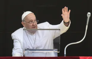 Pope Francis waves to crowds before his noon Angelus address during a hot day in Rome on July 14, 2024. Credit: Vatican Media