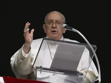 Pope Francis speaks from the window of the Apostolic Palace on a rainy Sunday in Rome on Feb. 11, 2024.