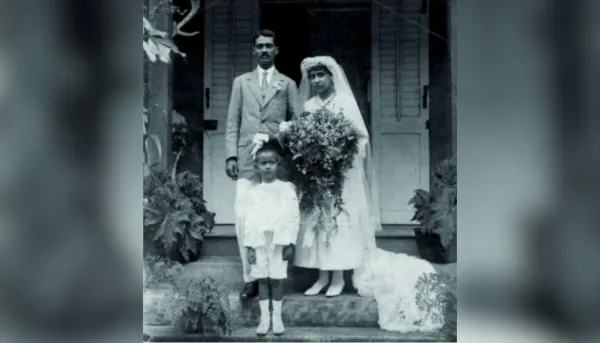 Nineteen-year-old Sybil Kathigasu and her husband, Dr. A.C. Kathigasu, on their wedding day at St. John’s Church in Bukit Nanas on Jan. 7, 1919. Credit: Photo courtesy of DCBAsia