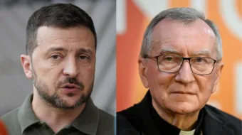 Ukraine President Volodymyr Zelenskyy (left) and Vatican Secretary of State Cardinal Pietro Parolin.