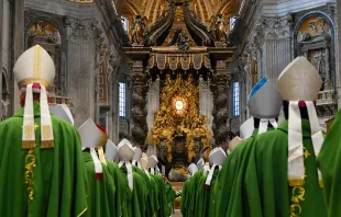 Bishops process into St. Peter's Basilica for the closing Mass of the first assembly of the Synod on Synodality on Oct. 29, 2023. Credit: Vatican Media