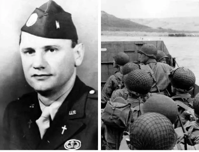 U.S. assault troops in an LCVP landing craft approach Omaha Beach on June 6, 1944. Father Ignatius Maternowski (shown at left) died that fateful day.?w=200&h=150