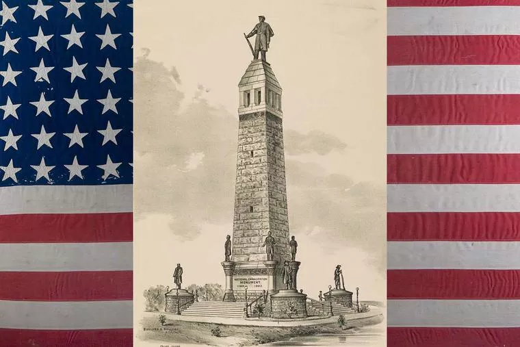 An 1889 rendition by architects Bullard & Bullard of the National Emancipation Monument proposed for Springfield, Illinois (Library of Congress), superimposed on a 34-star U.S. flag dating to the Civil War.?w=200&h=150