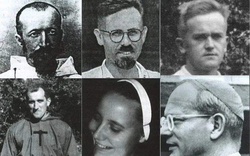 German martyrs who gave their lives in the service of the Gospel in Africa. Clockwise from top left to bottom right: Bishop Cassian (Franz Anton) Spiess, Father Karl Maria Weber, Brother Bernhard Ignatius Sarnes, Bishop Adolph Schmitt, Sister Magdala (Christa Elisabeth) Lewandowski, and Brother Heinz vom Kreuz (Heinz) Eberlein Credit: ACI Africa/Martyrology of the German Bishops’ Conference